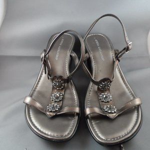 Athena Alexander Wedge Sandals Pewter Gold with Rind-stone Flowers Size 9